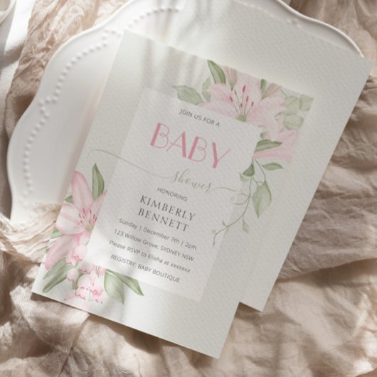 ピンクモダンのユリ緑離れの赤ちゃんシャワー 招待状