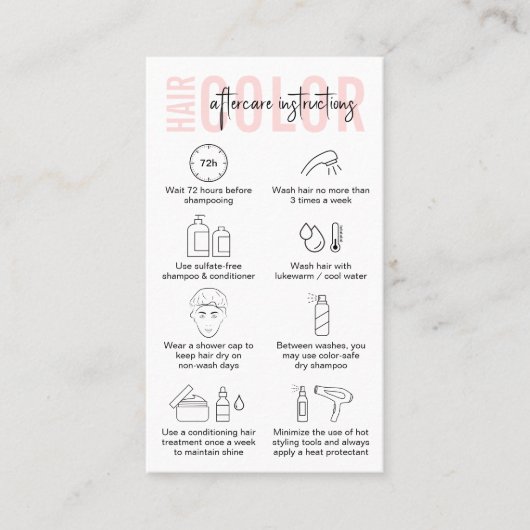 ピンクモダンのロゴのヘアカラーのアフターケアの手順 名刺 (正面)