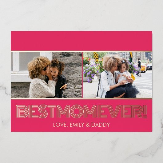ピンクモダンのローズ金ゴールド最高のママ今まで写真コラージュ 箔シーズンカード (正面)