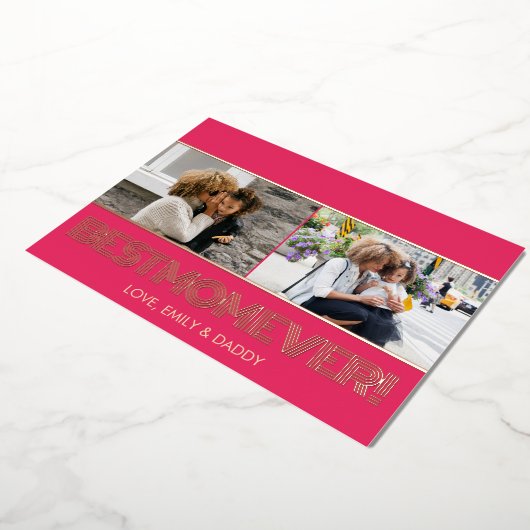 ピンクモダンのローズ金ゴールド最高のママ今まで写真コラージュ 箔シーズンカード (回転した状態)