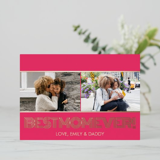 ピンクモダンのローズ金ゴールド最高のママ今まで写真コラージュ 箔シーズンカード (立ち正面)