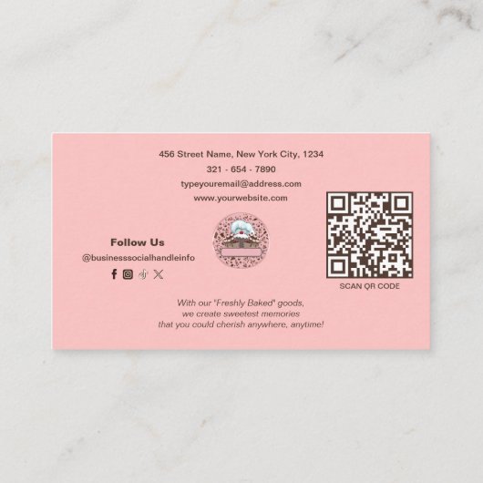 ピンクモダンの写真とモノグラムベーカリーQRコードの追加 名刺 (裏面)