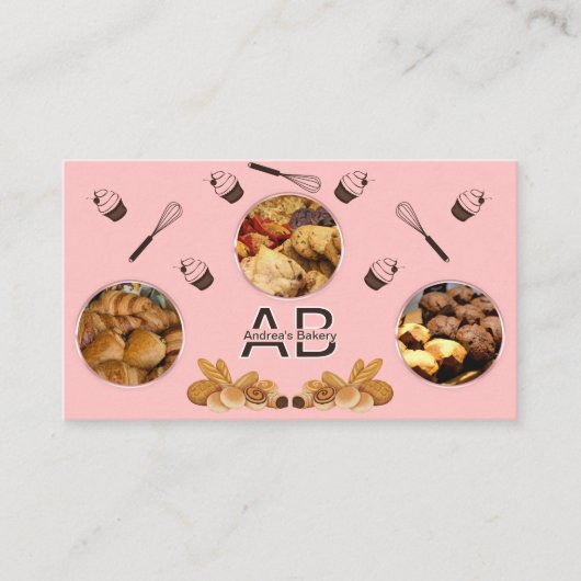 ピンクモダンの写真とモノグラムベーカリーQRコードの追加 名刺 (正面)