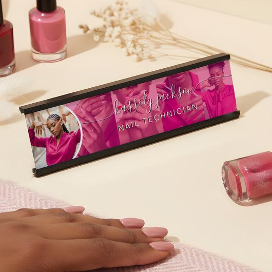 ピンクモダンの写真コラージュ文字の書道名 デスクネームプレート