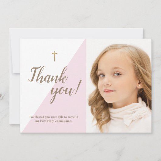 ピンクモダンの写真第1回聖体拝領ありがとう サンキューカード (正面)