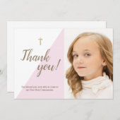 ピンクモダンの写真第1回聖体拝領ありがとう サンキューカード (正面/裏面)