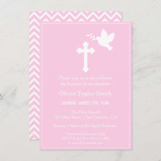 ピンクモダンの十字及び鳩バプテスマの招待状 招待状 (正面/裏面)