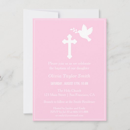 ピンクモダンの十字及び鳩バプテスマの招待状 招待状 (正面)