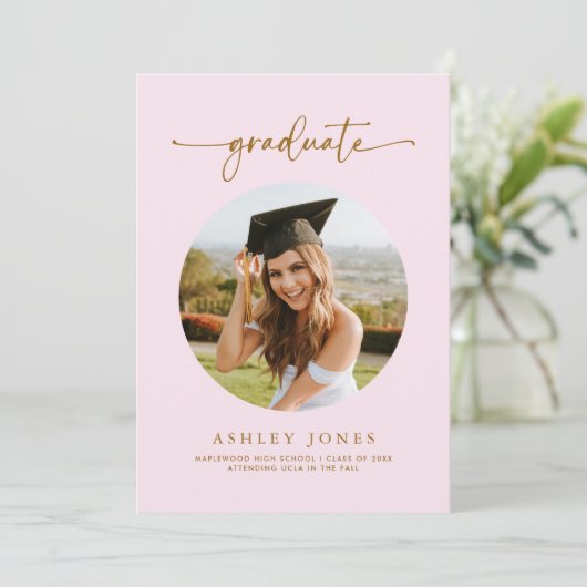 ピンクモダンの卒業写真の卒業 案内状 (スタンド正面)