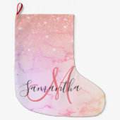 ピンクモダンの大理石とグリッターのスパークル名 ラージクリスマスストッキング (正面)