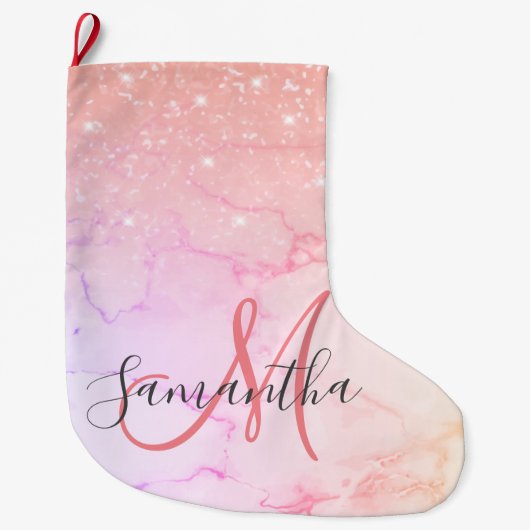 ピンクモダンの大理石とグリッターのスパークル名 ラージクリスマスストッキング (正面)