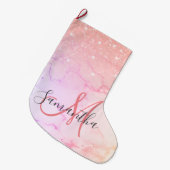 ピンクモダンの大理石とグリッターのスパークル名 ラージクリスマスストッキング (正面 (吊り時))