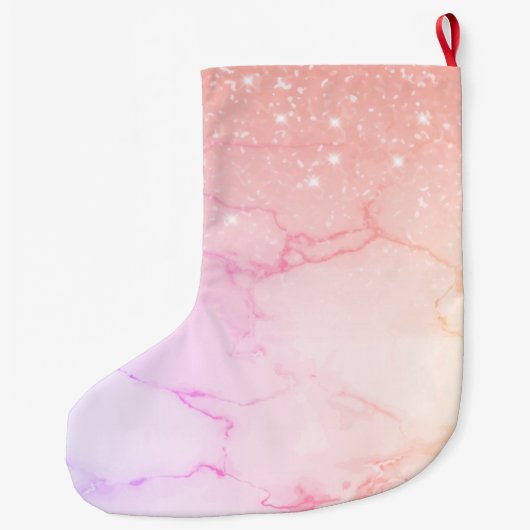 ピンクモダンの大理石とグリッターのスパークル名 ラージクリスマスストッキング (裏面)