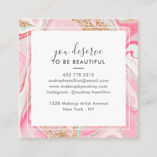 ピンクモダンの大理石バラ金ゴールドエレガントメイクアップアーティスト スクエア名刺 (裏面)