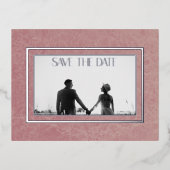 ピンクモダンの大理石フォトフォイル日付を保存 箔シーズンポストカード (正面)