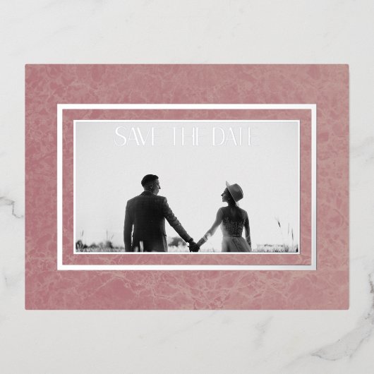 ピンクモダンの大理石フォトフォイル日付を保存 箔シーズンポストカード (正面)