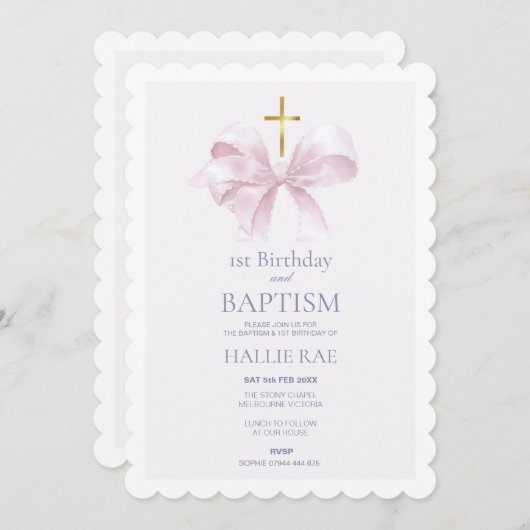 ピンクモダンの弓で誕生日とバプテスマ 招待状 (正面/裏面)