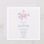 ピンクモダンの弓と金ゴールドクロスバプテスマ招待状 招待状 (正面/裏面)