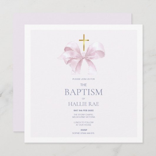 ピンクモダンの弓と金ゴールドクロスバプテスマ招待状 招待状 (正面/裏面)