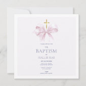 ピンクモダンの弓と金ゴールドクロスバプテスマ招待状 招待状 (正面)