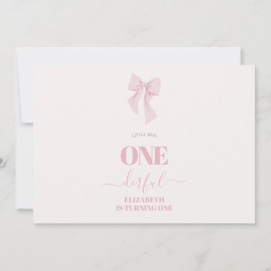 ピンクモダンの弓の写真のオネダーフル1歳の誕生日 招待状 (裏面)