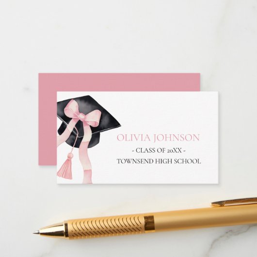 ピンクモダンの弓の卒業式キャップ挿入ネームカード エンクロージャーカード (正面/裏面インサイチュ)