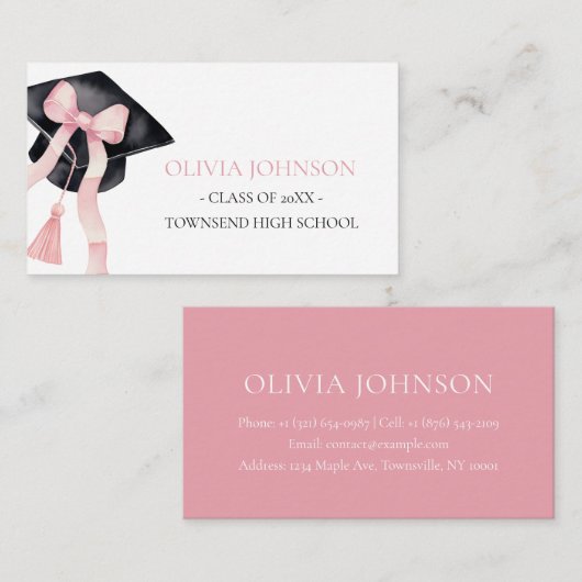 ピンクモダンの弓の卒業式キャップ挿入ネームカード エンクロージャーカード (正面/裏面)