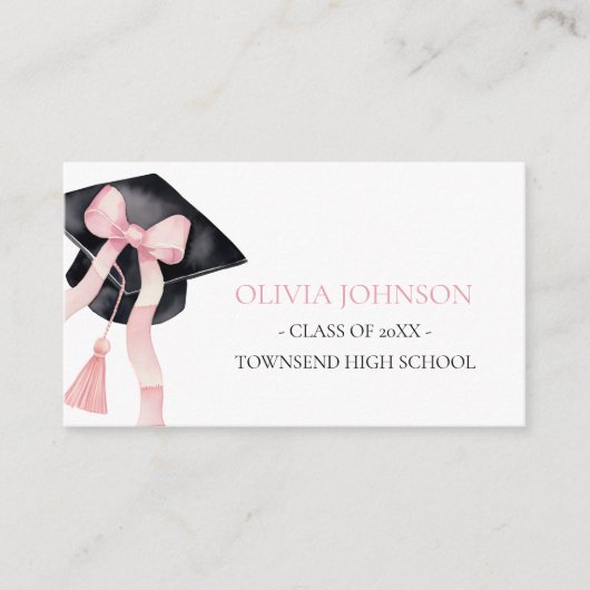 ピンクモダンの弓の卒業式キャップ挿入ネームカード エンクロージャーカード (正面)