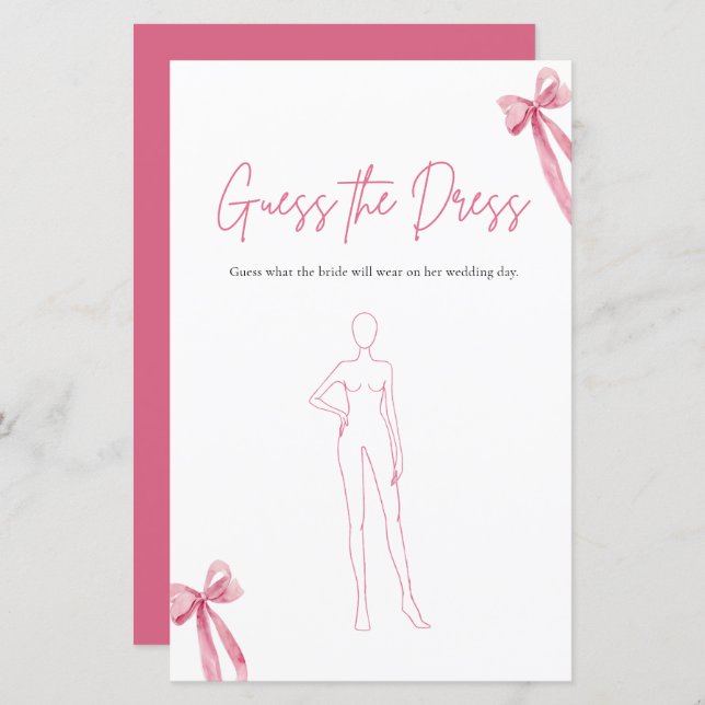 ピンクモダンの弓は、ドレスブライダルシャワーゲームを推測 (正面/裏面)