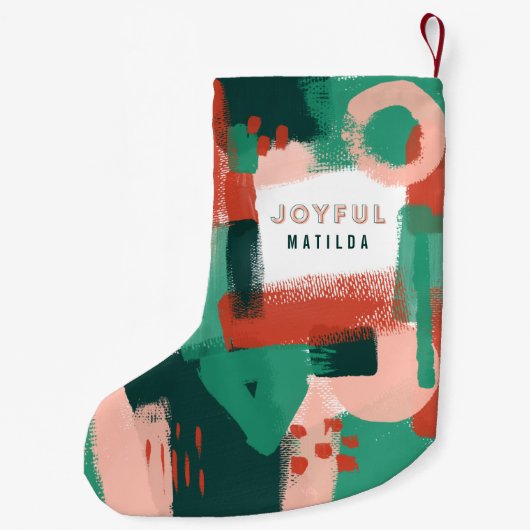 ピンクモダンの抽象的で写実的な赤 + 緑の嬉しい スモールクリスマスストッキング (裏面)