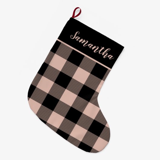 ピンクモダンの格子模様と名前の大きなクリスマスストッキング ラージクリスマスストッキング (正面 (吊り時))