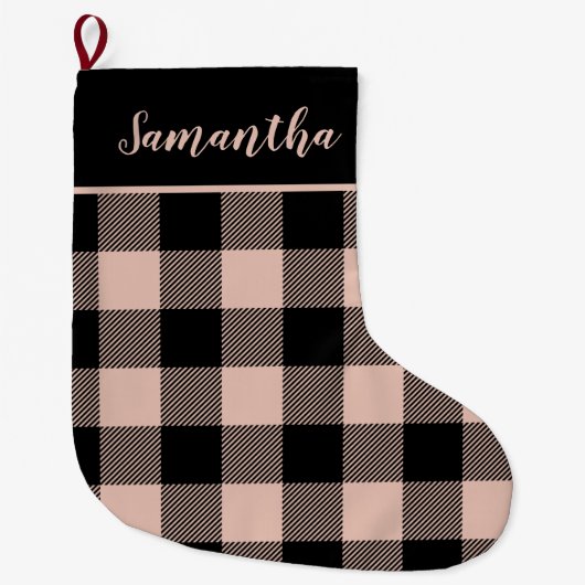 ピンクモダンの格子模様と名前の大きなクリスマスストッキング ラージクリスマスストッキング (正面)