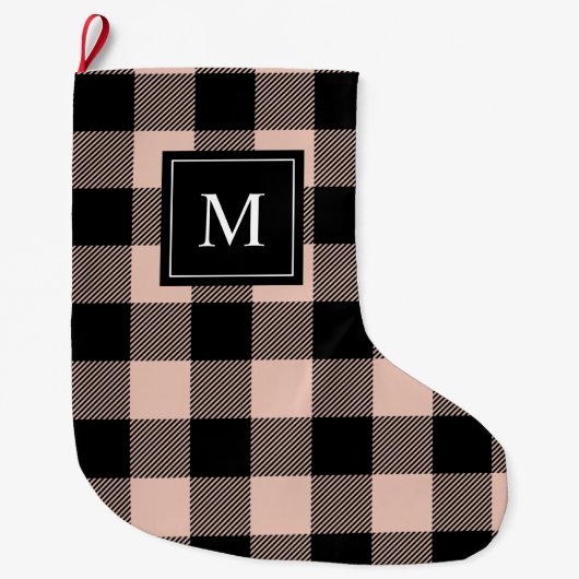 ピンクモダンの格子模様と名前の大きなクリスマスストッキング ラージクリスマスストッキング (正面)