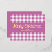 ピンクモダンの格子模様メリークリスマス金ゴールド 箔シーズンポストカード (正面/裏面)