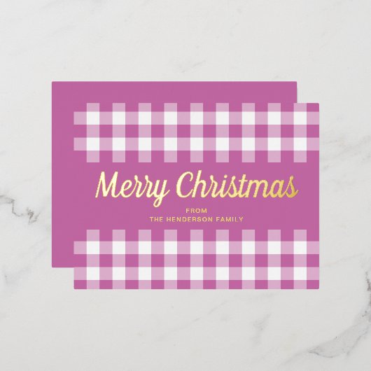 ピンクモダンの格子模様メリークリスマス金ゴールド 箔シーズンポストカード (正面/裏面)