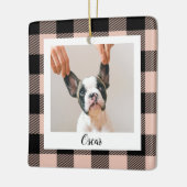 ピンクモダンの格子模様&名前と犬の写真 セラミックオーナメント (左)