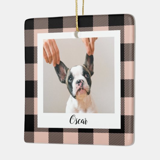 ピンクモダンの格子模様&名前と犬の写真 セラミックオーナメント (左)