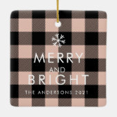 ピンクモダンの格子模様&名前と犬の写真 セラミックオーナメント (裏面)