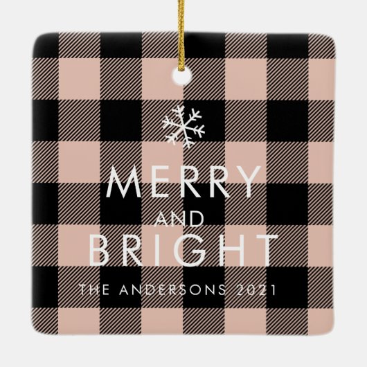 ピンクモダンの格子模様&名前と犬の写真 セラミックオーナメント (裏面)