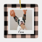 ピンクモダンの格子模様&名前と犬の写真 セラミックオーナメント (正面)