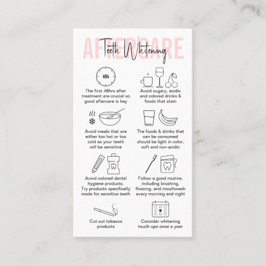 ピンクモダンの歯のホワイトニングアフターケア手順 名刺 (正面)