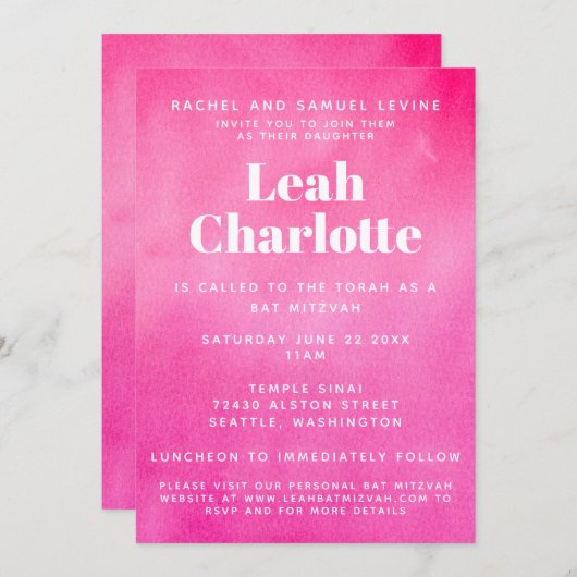 ピンクモダンの水の色のトレンディー予算バルミツワー 招待状 (正面/裏面)