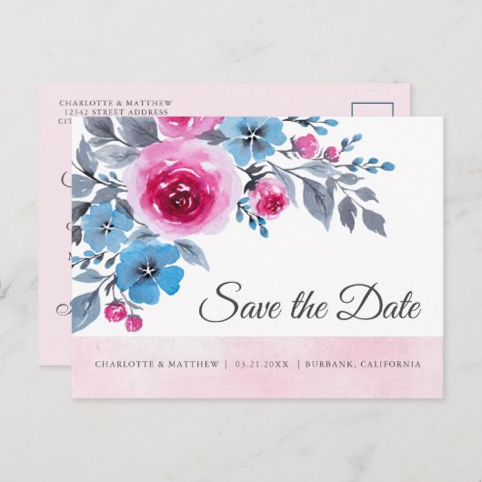 ピンクモダンの水の色のフローラ日付の保存 案内ポストカード (正面/裏面)