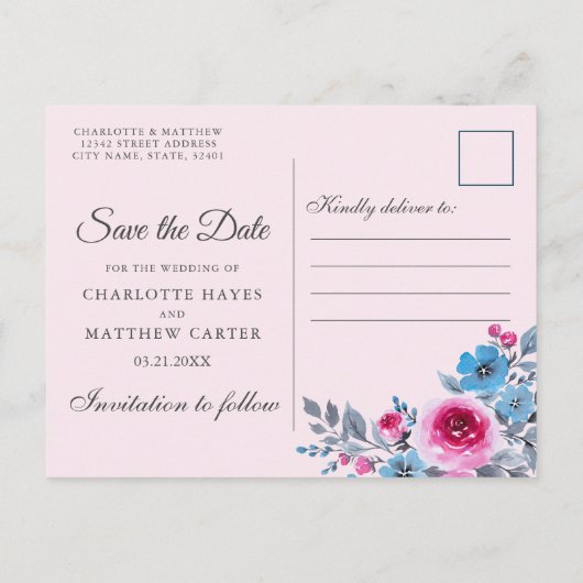 ピンクモダンの水の色のフローラ日付の保存 案内ポストカード (裏面)