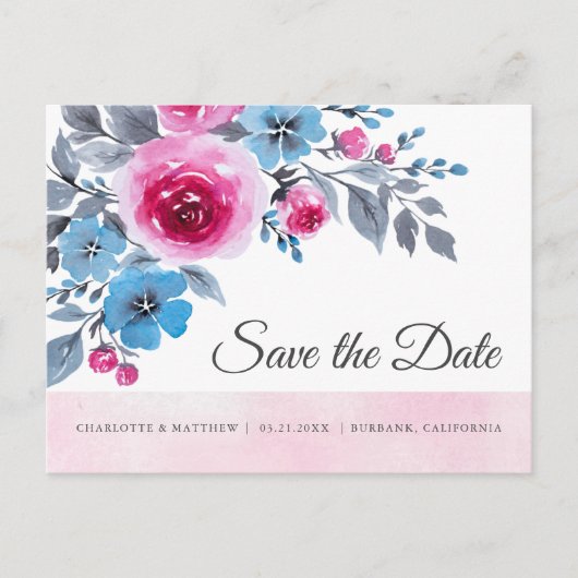 ピンクモダンの水の色のフローラ日付の保存 案内ポストカード (正面)