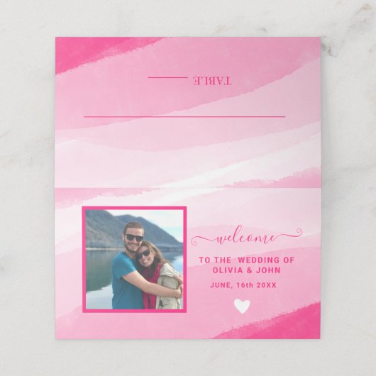 ピンクモダンの水の色の写真結婚の折り畳み プレイスカード (外部開封)