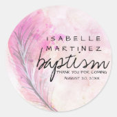 ピンクモダンの水の色の羽毛ありがとうバプテスマ ラウンドシール (正面)