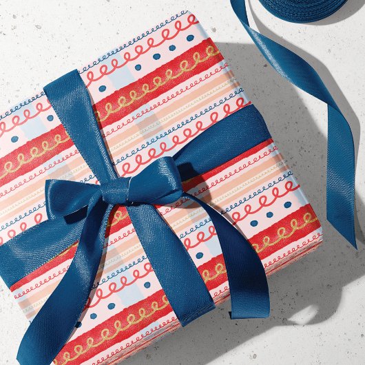 ピンクモダンの水の色キャンディーケーンストライププレイド ラッピングペーパー