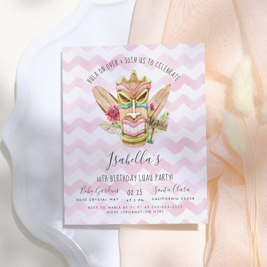 ピンクモダンの水カラーフローラティキルアウ（ハワイ式宴会）パーティー インビテーションポストカード