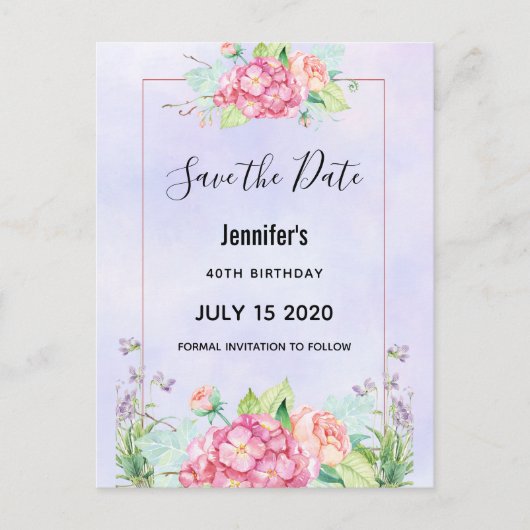 ピンクモダンの水カラーフローラバンチ日付を保存 インビテーションポストカード (正面)